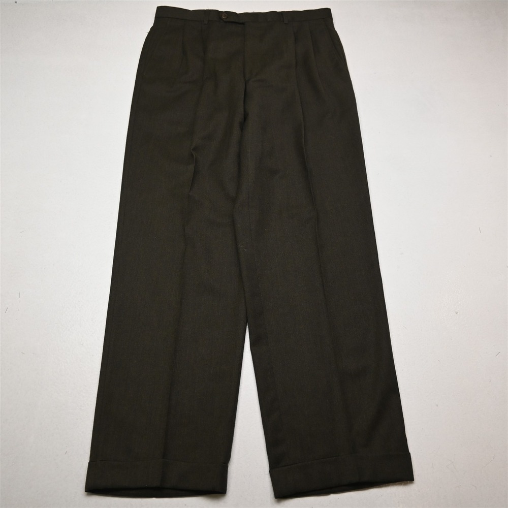 Vtg Y2K 2000s 33x32 Green Brown 100% Wool Flannel Pleated Cuffed Baggy Pants